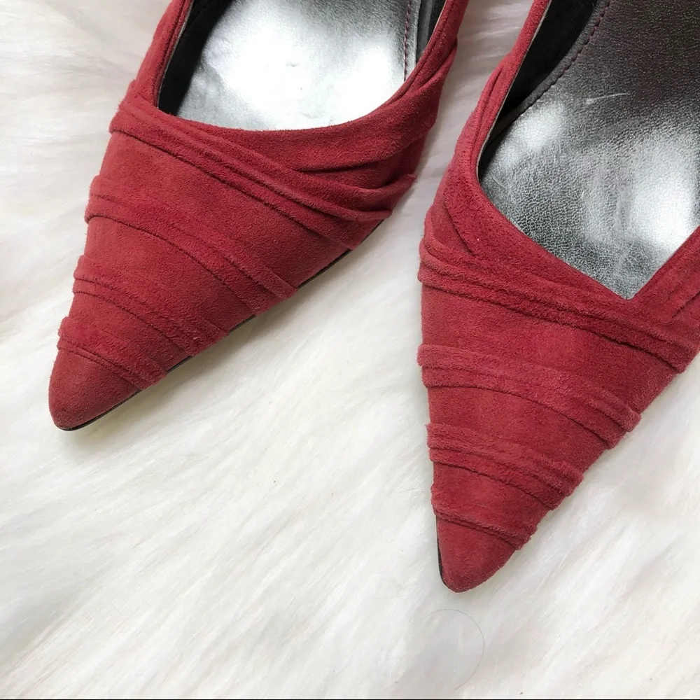 MARC FISHER Suede Leather Pumps Pleated Heels Stiletto Red Slip On Size 8M